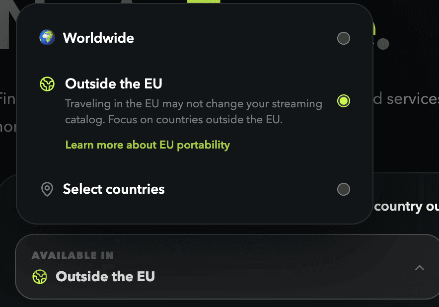 AroundTheStream search interface showing the Outside the EU option for filtering streaming availability to supported non-EU countries
